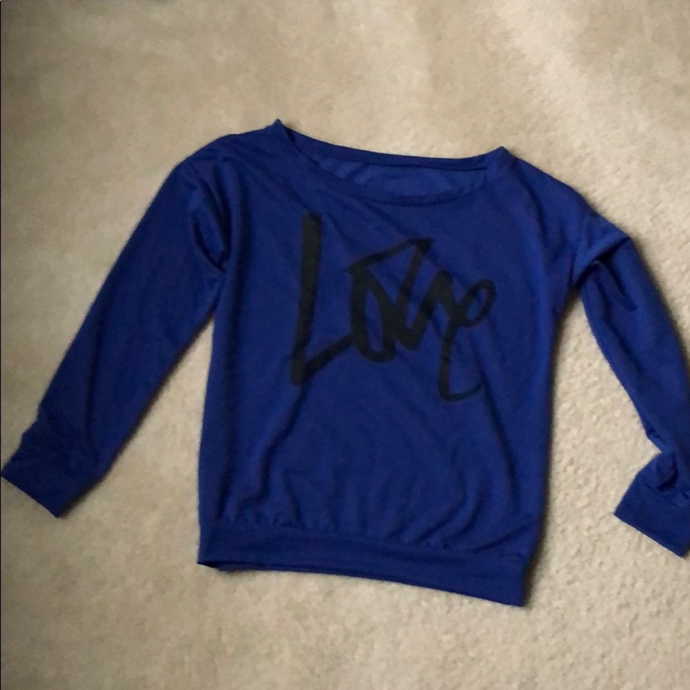 Blue “Love” off the shoulder sweatshirt